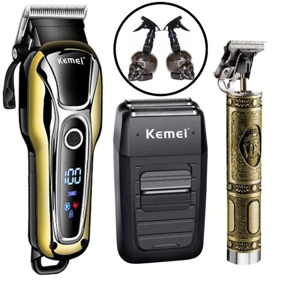 Imagem de Kit Profissional Barbeiro 3 Maquinas Kemei Corte Cabelo Acabamento Barba Barbeador Shaver 