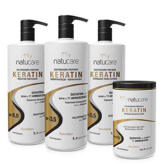 Imagem de Kit Profissional Keratin Shampoo 1lt + Defrizante 1 lt + Queratina 1 lt + Máscara 1kg NatuMaxx