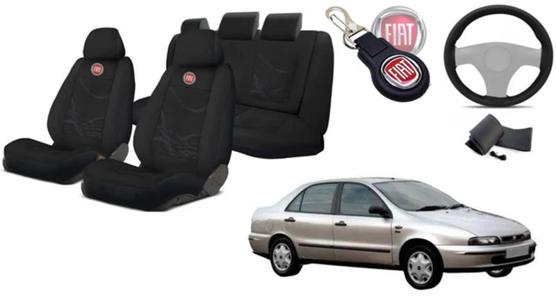 Imagem de Kit Proteção Capas Tecido Assentos Marea '96-'07 + Volante + Chaveiro - Detalhes Precisos