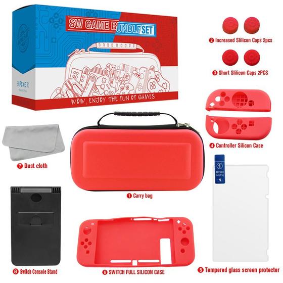 Imagem de Kit Proteção Nintendo Switch 10 em 1 Case Capa Película Grips Vermelho