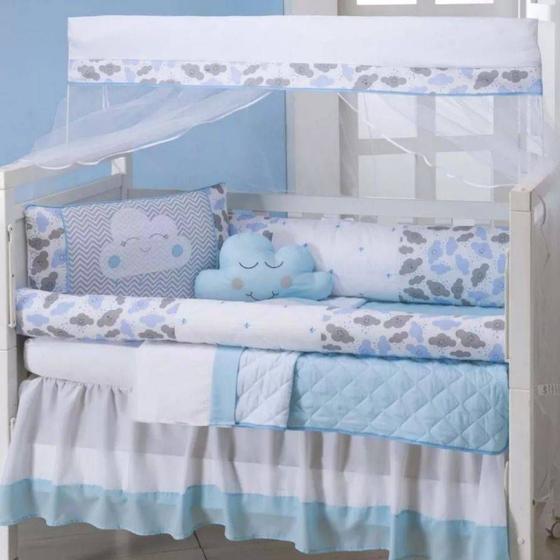 Kit Protetor Berço Americano Menino 10 Peças Nuvem Azul Bebê Com Saia Menor preço em Kit Protetor Berço Americano Menino 10 Peças Nuvem Azul Bebê Com Saia