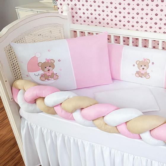 Imagem de Kit Protetor Berço Padrão Americano Ursinha Lua Rosa 6 Pçs