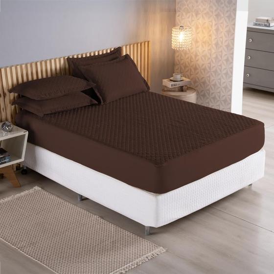 Imagem de Kit Protetor Capa De Colchão Cama Casal Padrão 3 Peças 170 Fios com ElásticoTecido Liso Matelado Porta Travesseiro Debrum