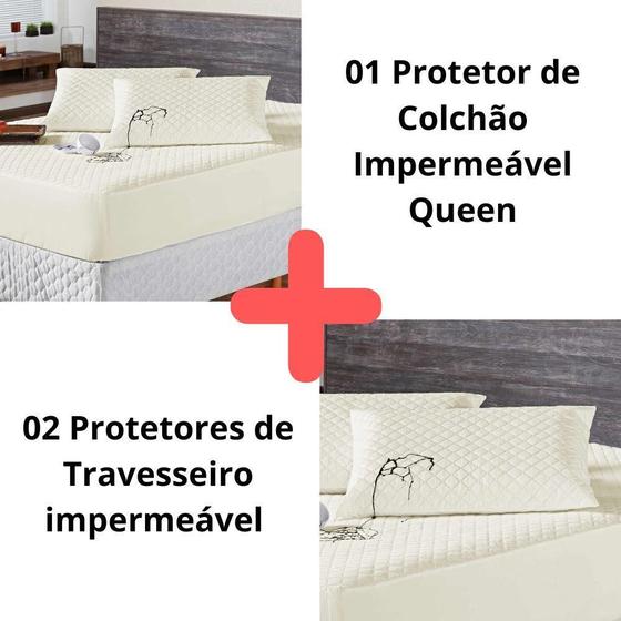 Imagem de Kit Protetor Colchão Queen + 2 Capas Travesseiro Impermeável