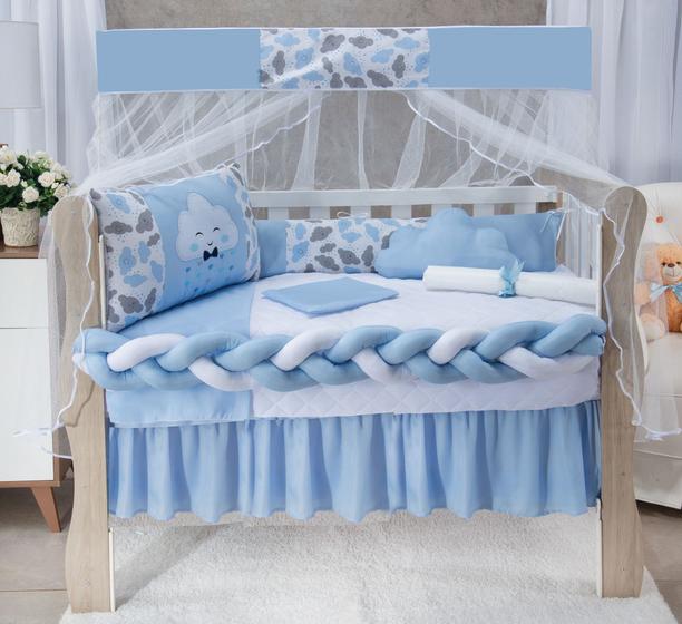 Imagem de Kit Protetor de Berço Nuvem Azul Bebê Menino 11 peças - Coleção Brisa com trança, mosquiteiro