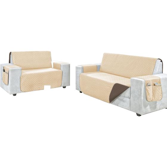 Imagem de Kit protetor de sofá Lara 2 e 3 lugares impermeável dupla face Avelã/marrom
