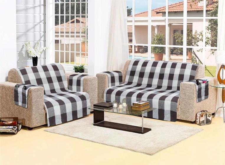 Imagem de Kit protetor sofa 2 e 3 lugares tear 100% algodão xadrez preto cru