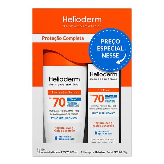 Imagem de Kit Protetor Solar Corporal Helioderm 3 em 1 FPS 70 200ml e Protetor Solar Facial Oil Free 3 em 1 FPS 70 Sem Cor 50g