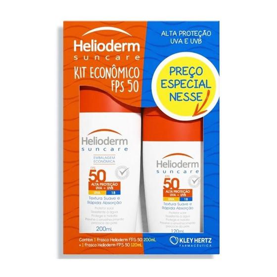 Kit Protetor Solar Corporal Helioderm Suncare FPS 50 2 Unidades 200ml + 120ml Menor preço em Kit Protetor Solar Corporal Helioderm Suncare FPS 50 2 Unidades 200ml + 120ml