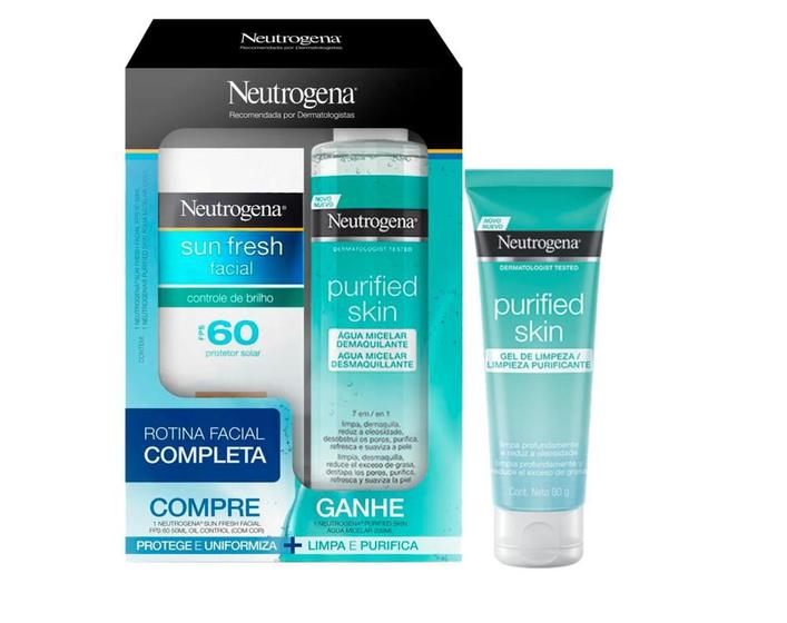 Imagem de Kit Protetor Solar Facial Neutrogena Sun Fresh FPS 60 50ml + Água Micelar Purified Skin 200ml + Gel de Limpeza Neutrogena Purified Skin 80g