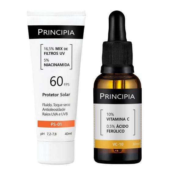 Imagem de Kit Protetor Solar Facial Principia FPS 60 PS01 40ml e Sérum Principia VC-10 Vitamina C e Ácido Ferúlico 30ml
