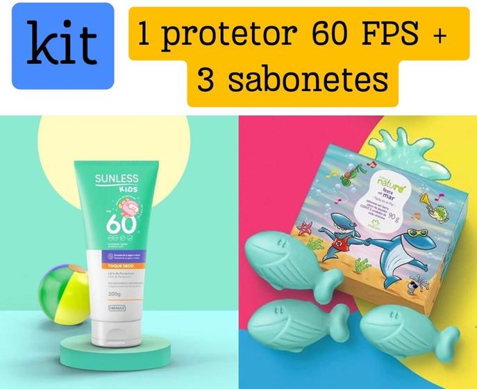 Imagem de Kit protetor solar FPS60 kids + 1 caixa sabonete em barra festa no mar Naturé - 3 unid 90g cada