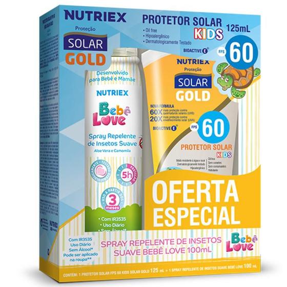 Imagem de Kit Protetor Solar Kids Fps 60 125 Ml + Spray Repelente De Insetos Suave Bebê Love 100 Ml Nutriex Proteção Solar Gold