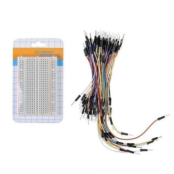 Imagem de Kit protoboard 400 pontos com jumper macho macho 65 fios