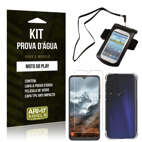 Imagem de Kit Prova D'água Moto G8 Play Capinha a Prova D'água + Capinha Anti Impacto + Película - Armyshield