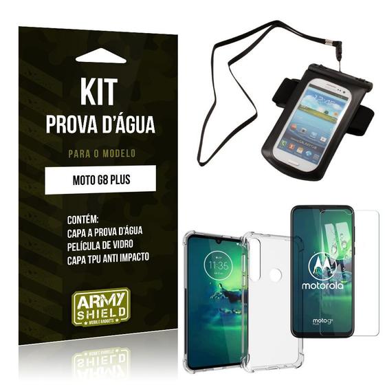 Imagem de Kit Prova D'água Moto G8 Plus Capinha Prova D'água + Capinha Anti Impacto + Película - Armyshield