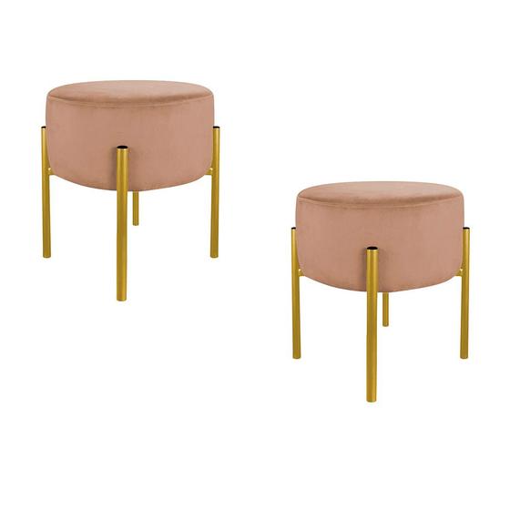 Imagem de Kit Puff Luxo Base Metálica Dourada Suede Cappuccino - Vallisa Decor