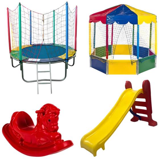 Imagem de Kit Pula Pula Trampolim Cama Elástica 1,83m + Piscina de Bolinhas Oitavada 2,00m Picadeiro + Escorregador Médio + Gangorra 1 Lugar Rotoplay Brinquedos