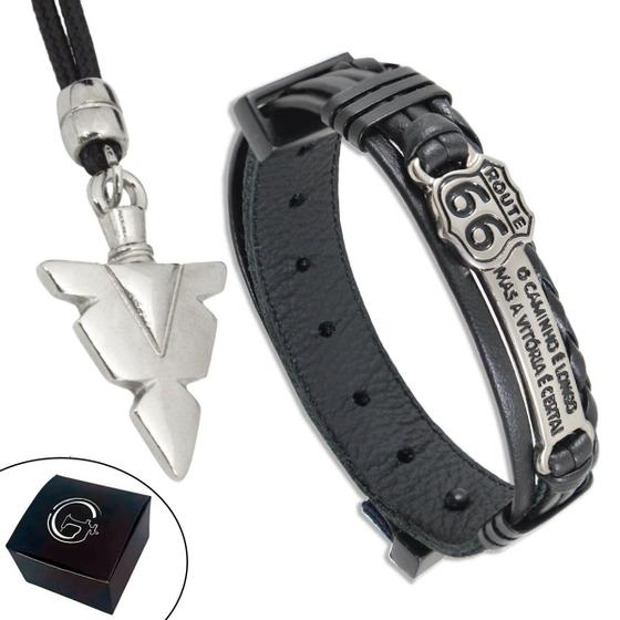 Imagem de Kit Pulseira de Couro Masculina Route 66 + Colar Ponta de Flecha Ajustável