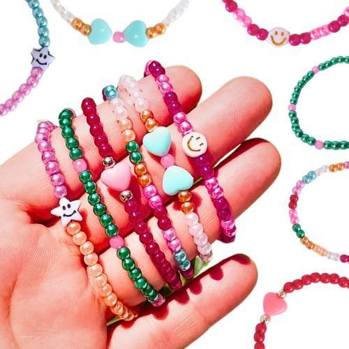 Imagem de Kit pulseira infantil de 15 cm com miçangas, entremeios e falsa pérolas de 4mm