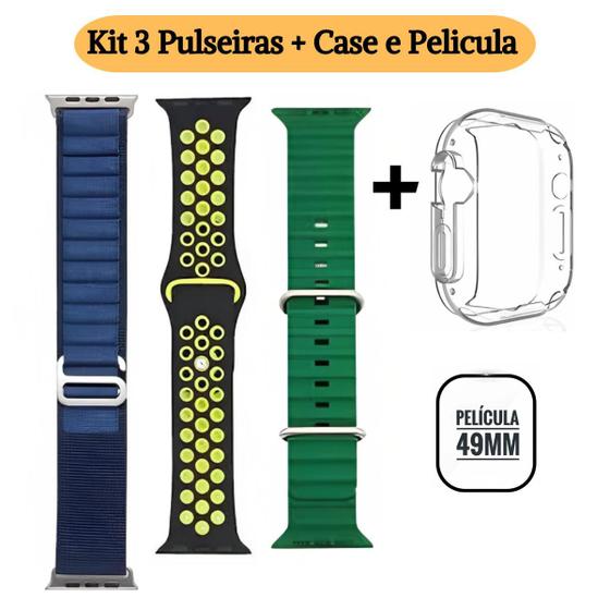 Imagem de Kit Pulseiras Smartwatch Ultra W69 Plus 49mm Pelicula Case Silicone
