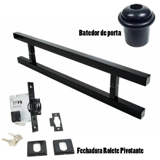 Imagem de Kit puxador porta pivotante ( aristocrata ) aço inox preto + fechadura rolete pivotante preto +batedor / amortecedor porta preto