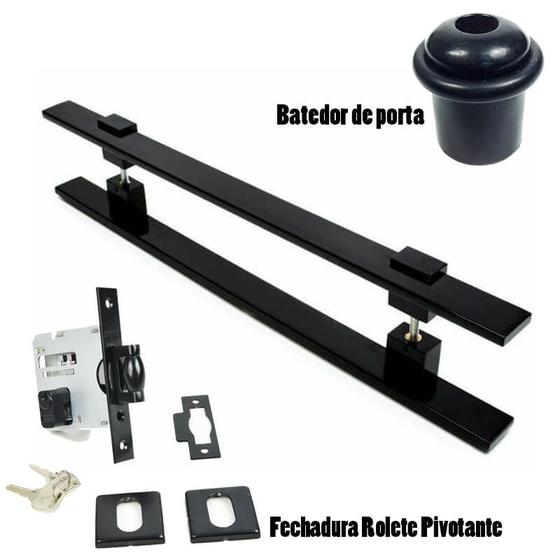 Imagem de Kit puxador porta pivotante ( luma ) aço inox preto + fechadura rolete pivotante preto +batedor / amortecedor porta preto