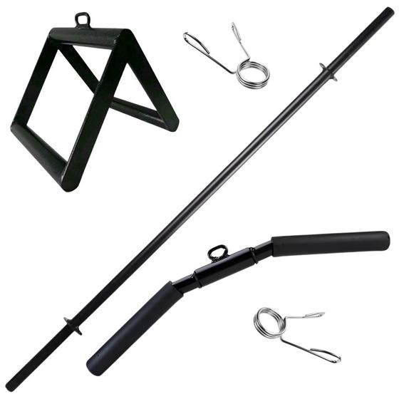 Imagem de Kit Puxador Triângulo + Puxador Curvo Curto Com Giro 50 cm + Barra Body Pump 120cm Acompanham Presilhas Para Academia Musculação Treino Funcional