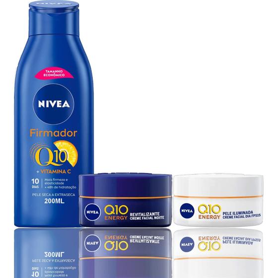 Imagem de Kit Q10 Nivea Hidratante Corporal Cremes Faciais Energy Diurno e Noturno Vitaminas C Pele Iluminada Hidratação Intensa