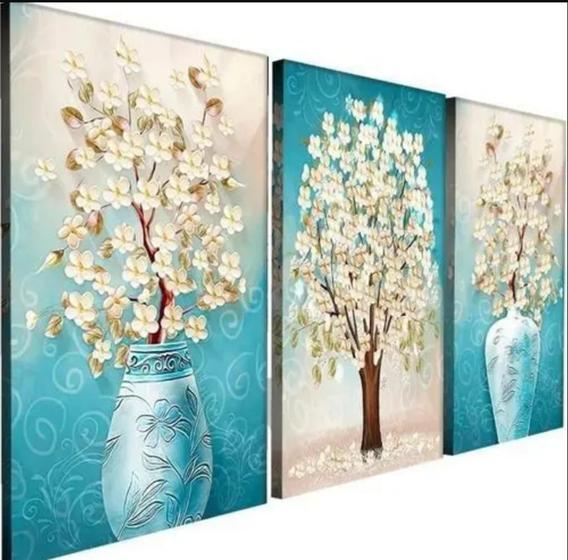 Imagem de kit Quadro Decorativo 3 Peças 60x 40 Floral Flor Jarro Sala De Estar