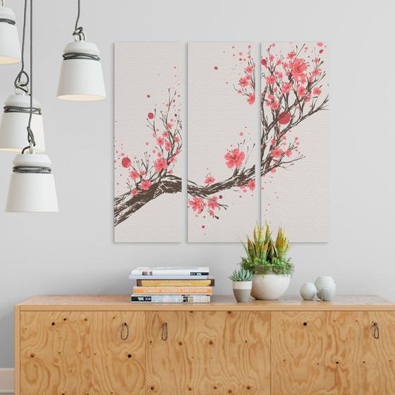 Imagem de kit quadro decorativo 3 peças cerejeira oriental flores rosa decoração
