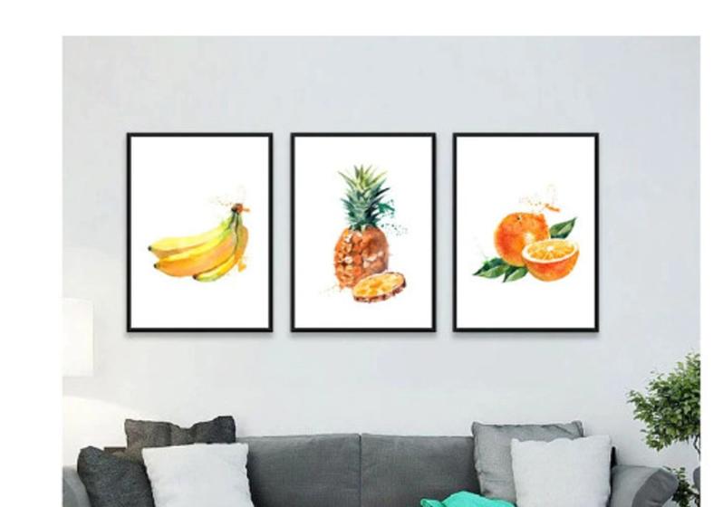 Imagem de kit quadro decorativo 3 peças Frutas abstratas banana abacaxi e laranja decoração
