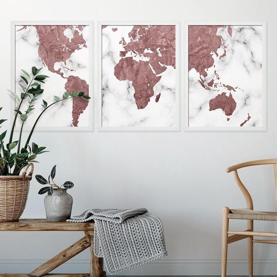 Imagem de Kit Quadro Decorativo Mapa Mundi Rose Gold Marble