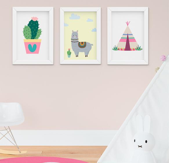 Imagem de Kit Quadro Infantil Bebê Menina Lhama e Cabana 3 Peças