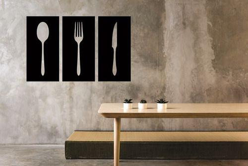 Imagem de Kit Quadro Placa Cozinha Garfo Faca Colher 30x15cm Mdf Preto