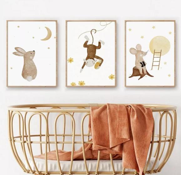 Imagem de Kit Quadros Decoração 5 pçs Boho Coelho Macaco Lua"