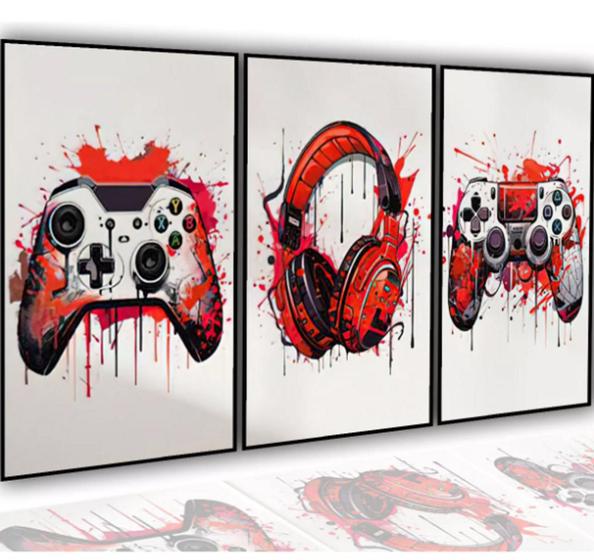 Imagem de Kit Quadros Decoração 5 pçs Gamer Controle Colorido Jogo"