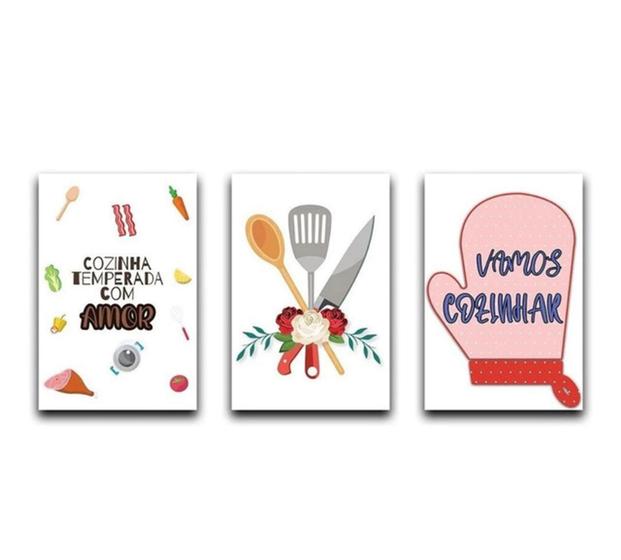 Imagem de kit quadros decorativos 3 peças cozinha temperada com amor"