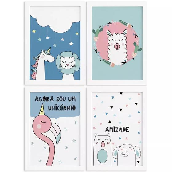 Imagem de Kit Quadros Decorativos Animais Amigos 4un Mold Branca 33x43cm