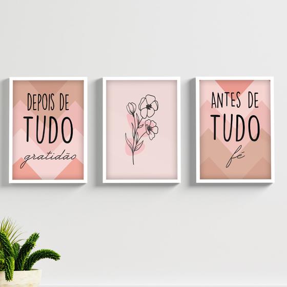 Imagem de Kit Quadros Decorativos Frase Moldura e Vidro Antes de Tudo Fé Depois de Tudo Gratidão