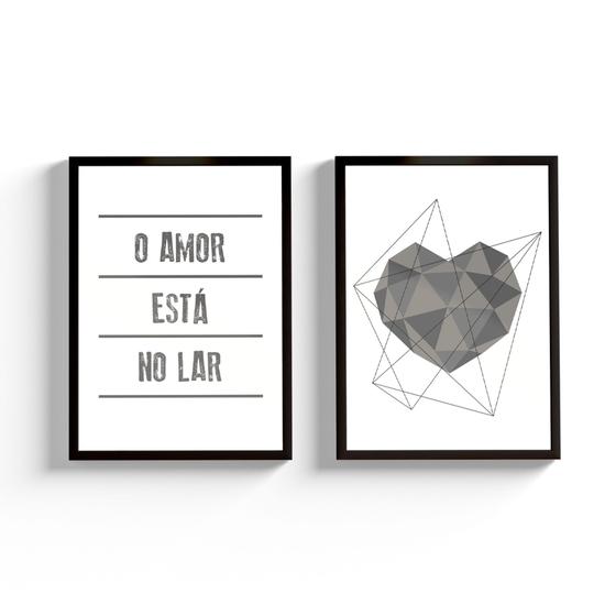 Imagem de Kit Quadros Decorativos Frase Moldura e Vidro Sala Quarto O Amor Está No Lar Geométrico