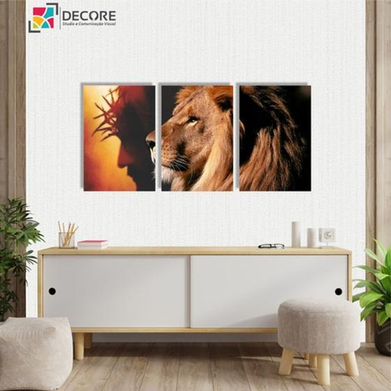 Imagem de Kit Quadros Decorativos Leão Religioso 3 Peças 40x60 Mdf