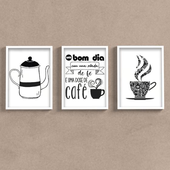 Imagem de Kit Quadros Decorativos Moldura Vidro Cozinha Frases Café