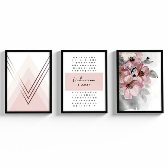 Imagem de Kit Quadros Decorativos Para Sala Moldura Vidro Floral Modernos Quarto