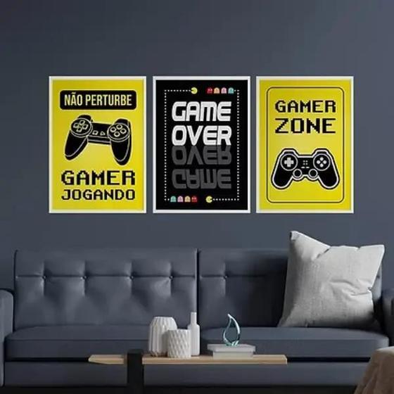 Imagem de Kit Quadros Gamer Zone Amarelo E Preto 24X18Cm Vidro 3 Peças