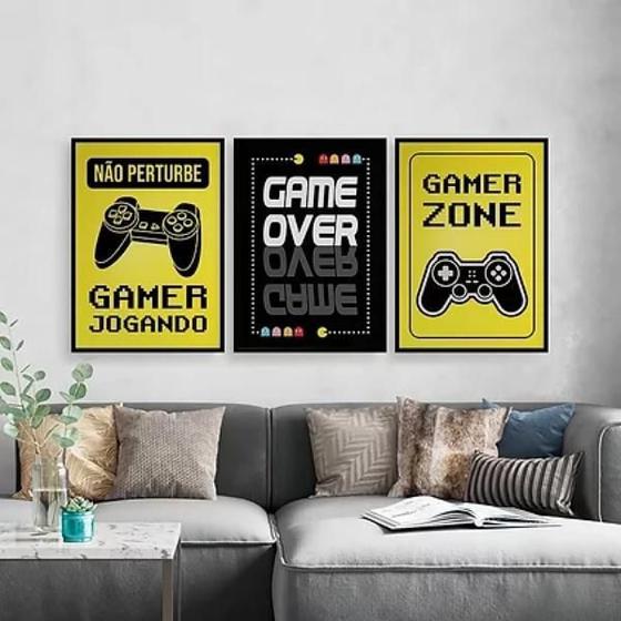 Imagem de Kit Quadros Gamer Zone Amarelo E Preto 45X34Cm - 3 Peças