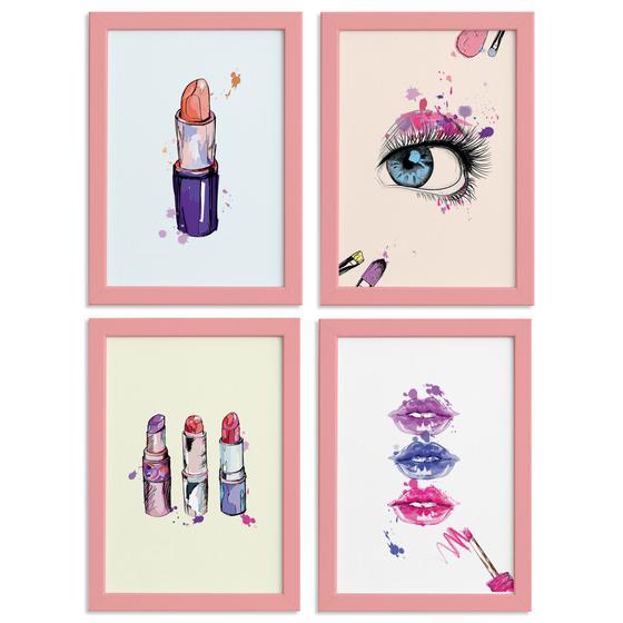 Imagem de Kit Quadros Maquiagem Moldura Rosa 4un 22x32cm