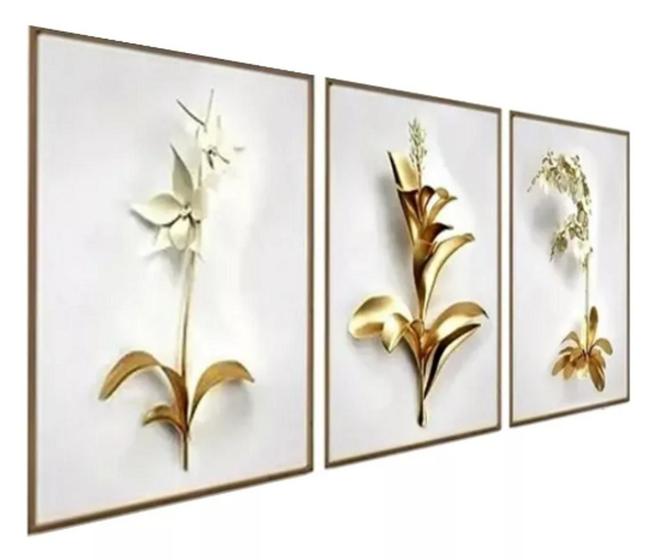 Imagem de kit quadros Parede Floral Branco Dourado Ouro Gold"