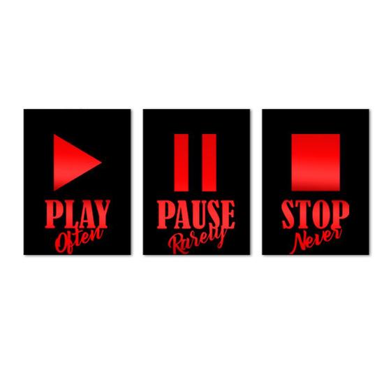 Imagem de Kit Quadros Play Pause Stop com Detalhes em Acrílico Vermelho Premium