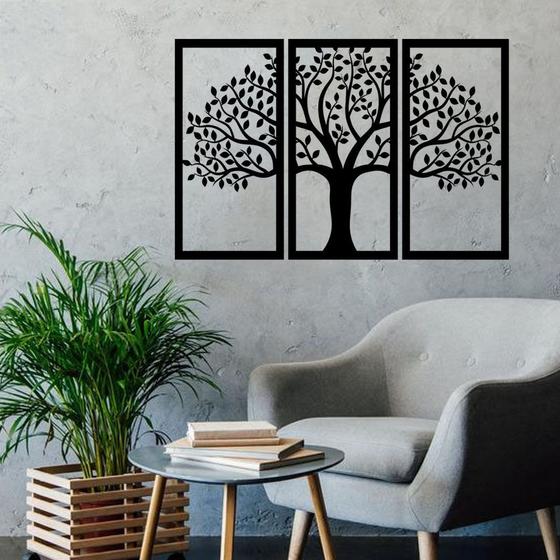 Imagem de Kit Quadros Vazados Painel 3 Partes Decorativo Árvore Com Folhas Decoração de Ambiente Sala Quarto